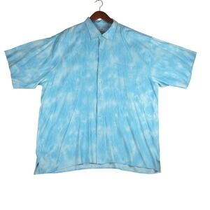 Bobby Chan Mens XXL Silk Bamboo Short Sleeve Button Up Shirt Blue Abstract Wave